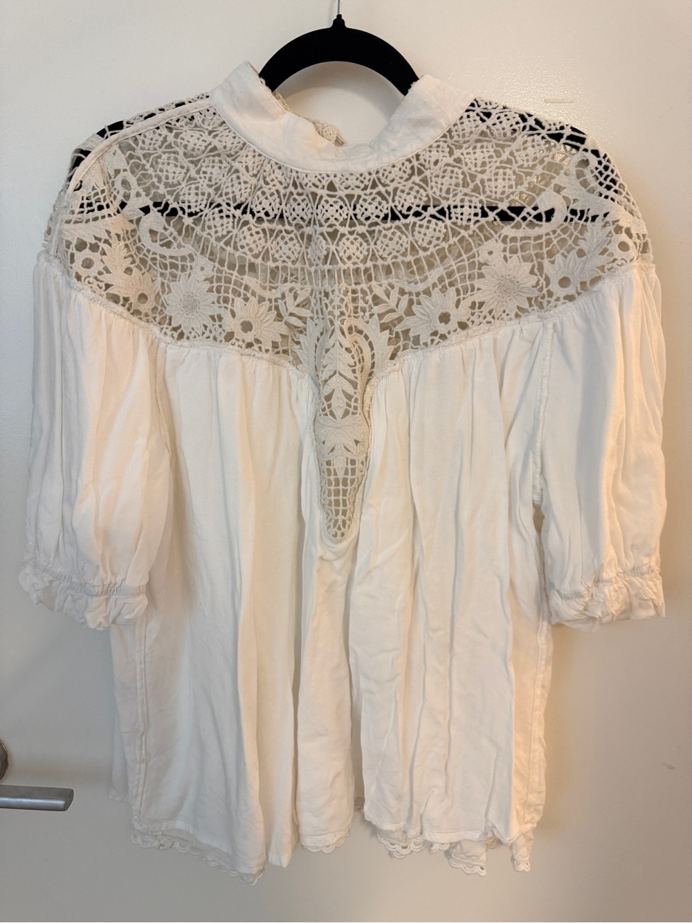 Anthropologie White Crochet Lace Yoke Boho Blouse Size Large